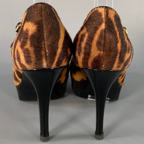 YVES SAINT LAURENT 6 Tribute Brown Black Calf Hair Animal Print Platform Sandals - Picture 3 of 8